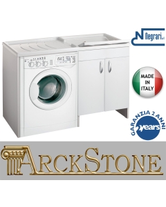 Negrari Eco Mobile Lavatoio Coprilavatrice Montato Vasca Destra Lavatrice Sinistra Colore Bianco Anta Battente Struttura Legno Nobilitato Idrofugo Vasca Asse Plastica Interno Bagno Lavanderia L124 P60 124x60 H92 cm SX DX Proteggi Lavapanni Sportello Porta